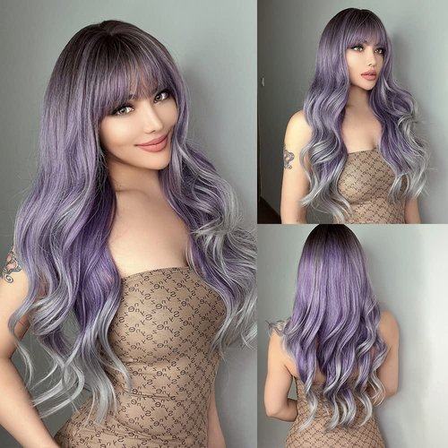 ISHINE Wigs for White Women, Long Wavy Curly Colored Wigs with Bangs, Purple Omber Gray Synthetic Wigs for Daily Cosplay Party Replacement Wig 24 inches