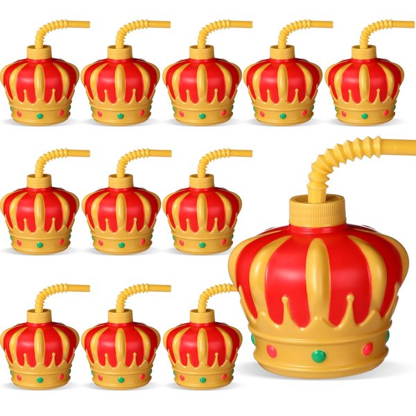 Sratte 12 Pcs Prince Princess Gold Crown Party Favor Drinking Cups with Straws and Lids,10 oz Medieval Birthday Party Decorations Plastic Cups for Kids King Prince Knight Theme Party Supplies