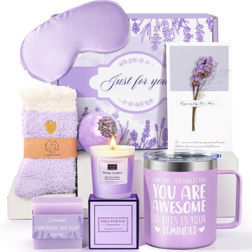 Birthday Gifts for Women Lavender Spa Gift Basket Set for Women Self Care Relaxing Bath Set Purpl...