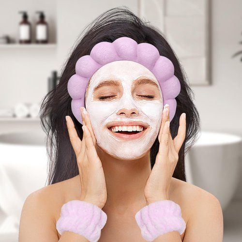 Cenbellr Spa Headband For Washing Face, Face Wash Headband And Wristband Set, Makeup Headbands For Women Washing Face, Terry Cloth Bubble Headband For Women Girl Mask Skincare (pink-purple)