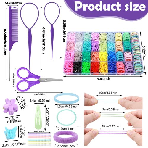 Auroray Hair Accessories for Girl, 1784 Pcs Elastic Hair Ties Set 24 Color Hair Rubber Bands with Organizer Box Cotton Baby Hair Ties Hair Styling Tool Set Baby Hair Clips Hair Elastic Cutter Scissor