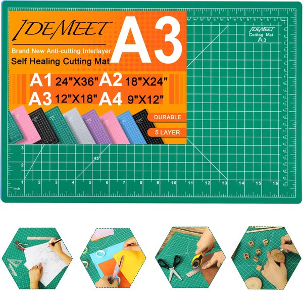 Idemeet Self Healing Cutting Mat, Density-upgraded 18inch x 12inch Sewing Mat for Crafts, 5-play Rotary Cutting Board Double-sided for Cutting Quilting Modeling Projects, Green
