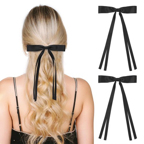 WantGor Hair Clips, Women Tassel Ribbon Bowknot Hair Bows Clip Ponytail Holder Hair Accessories Hair Ribbon Ties with Long Tail (Black)
