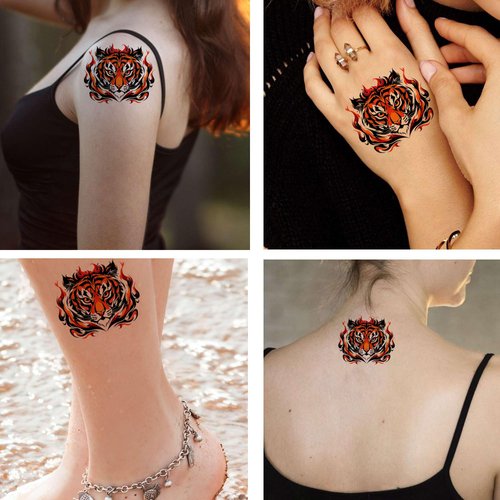 Dopetattoo Six sheets Temporary Tattoos Tiger in Flame for Men Tigers Fake tattoos for Women Neck Arm Chest
