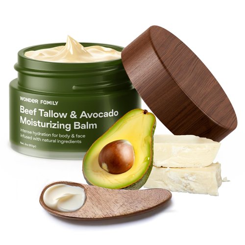 Grass Fed Beef Tallow for Skin and Face with Avocado Oil - Dry Skin Face Moisturizer for Men & Women - Beef Tallow Moisturizer for Face & Body - 1 Beef Tallow Balm for Face, 1 Wooden Spatula & Bag