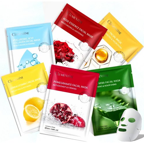 ZAHRA Today Clementine Hydrating Face Mask Sheet Set - 6-in-1 Anti-Aging & Moisturizing Masks, Natural Ingredients, 6 Bags (0.88 Fl Oz / 25ml Each)