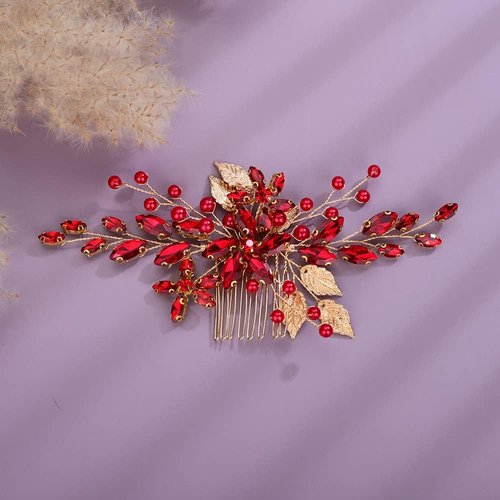 Rumtock Boho Red Leaves Gold Hair Comb for Women Girls Wedding Bridal Special Occasion Hair Jewelry Handmade Headpiece (Red)