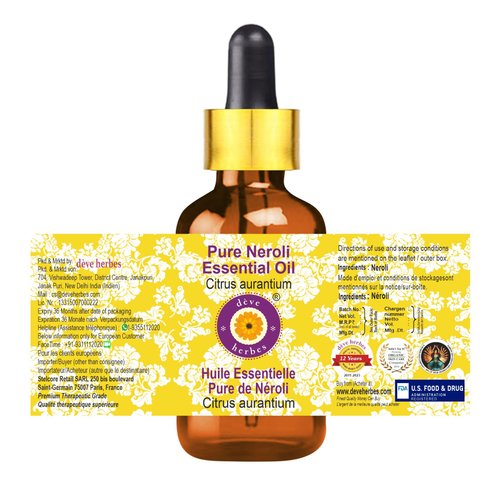 Deve Herbes Pure Neroli Essential Oil (Citrus aurantium) with Glass Dropper Steam Distilled 15ml (0.50 oz)