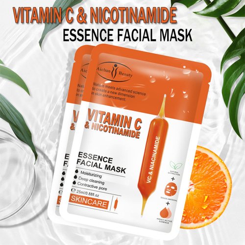 AICHUN BEAUTY Essence Facial Mask Tencel Material Anti-acne Anti-wrinkles After Sun Moisturizing Deep Cleaning Contractive Pore 25ml/0.88fl.oz X 10pcs (VITAMIN C & NICOTINAMIDE(10pcs))