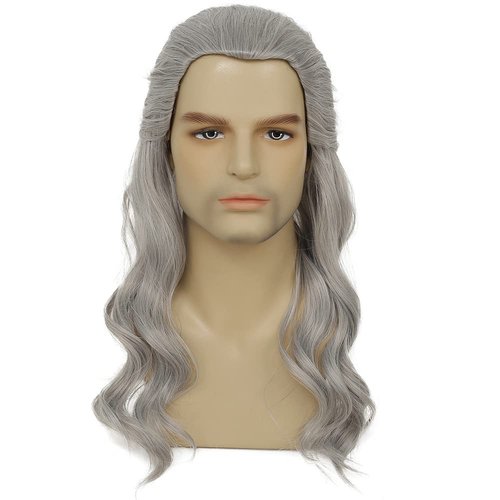 Tseses Long Grey Curly Men Wigs Wavy Synthetic Mullet Wig 70s 80s Natural Rocker Mullet Party Funny Wig Costume Wig