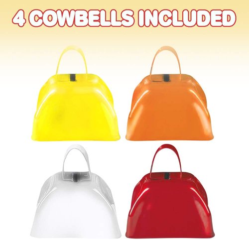 ArtCreativity 3 Inch Metal Cowbells Set - Pack of 4 - Loud Metal Cowbell Noisemakers with Handles - Red, Orange, Yellow and White Cowbell Set, Great for Football Games, Sporting Events, New Year’s Eve