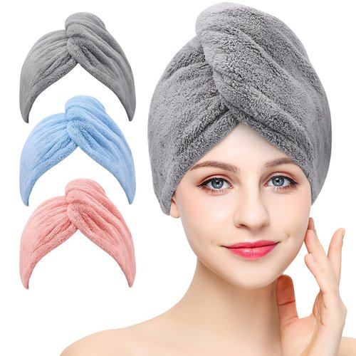 SQSM 3 Packs Hair Towel, Hair Turbans for Wet Hair, Drying Hair Wrap Towels for Curly Hair Women Anti Frizz 27.55x11.02in（Gray、Blue、Pink）