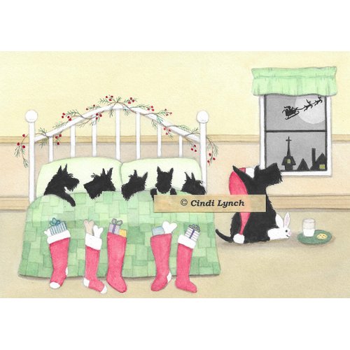 Lynch 12 Christmas cards: Scottish terrier (scottie) family waiting for Santa folk art