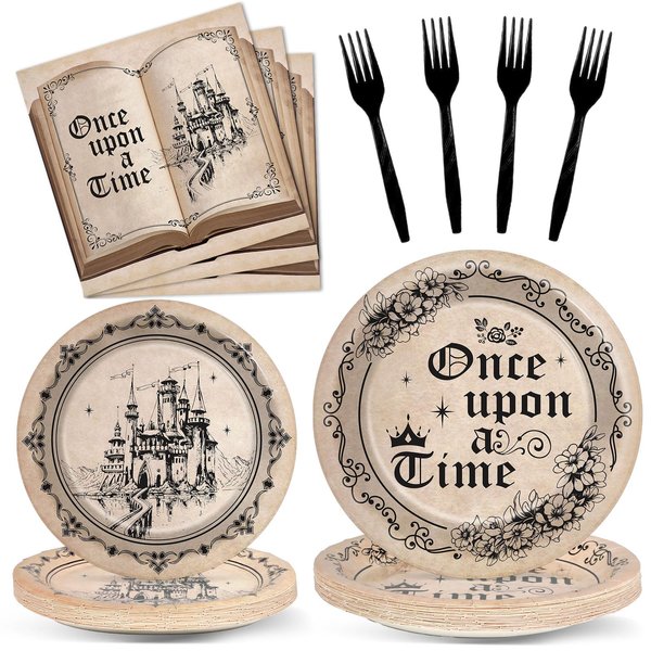 Fairytale Plates and Napkins Once Upon a Time Tableware Set Girl Princess Plates Old Opening Book Dinnerware Floral Castle Plate for Birthday Party Wedding Baby Shower Decoration Supplies Serve 24