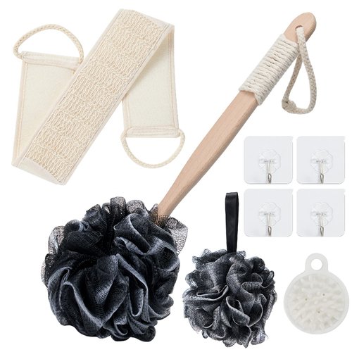8Pack Bath Brush Set -Shower Loofah Sponge with Long Handled,Natural Loofah Exfoliating Back Scrubber for Shower, Luffa Pouf,Scalp Massager and 4 Hook,Back Scrubber for Shower for Men and Women
