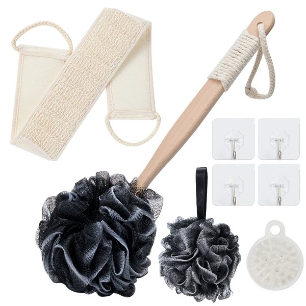 8Pack Bath Brush Set -Shower Loofah Sponge with Long Handled,Natural Loofah Exfoliating Back Scrubber for Shower, Luffa Pouf,Scalp Massager and 4 Hook,Back Scrubber for Shower for Men and Women