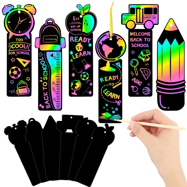 JUNEBRUSHS 30Pcs Welcome Back to School Scratch Bookmarks, Rainbow Magic Scratch Paper Art Back to School DIY Craft Kit First Day of School Gifts for Students Classroom Activity Party Favors