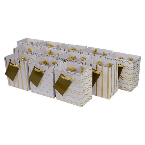OccasionALL 12 Pack Tiny Gift Bags, Christmas Holiday Assorted Pattern Gold Gift Bags with Handles & Tags for Presents, Jewelry, Gift Cards, Goodie Bags, Mini Stocking Stuffers, Bulk - 4x2.75x4.5