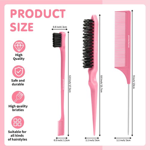 precious harvest Three-piece Hair Styling Set - Rat Tail Comb, Double-Sided Edge Brush for Edge & Back Brushing, Teasing Nylon Brush for Women and Girls (Pink)