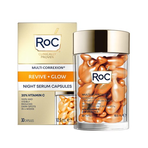 RoC Multi Correxion Revive + Glow 20% Pure Vitamin C Night Serum Capsules for Brightening, Dark S...