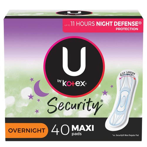 U by Kotex Security Maxi Feminine Pads, Overnight Absorbency, Unscented, 40 Count