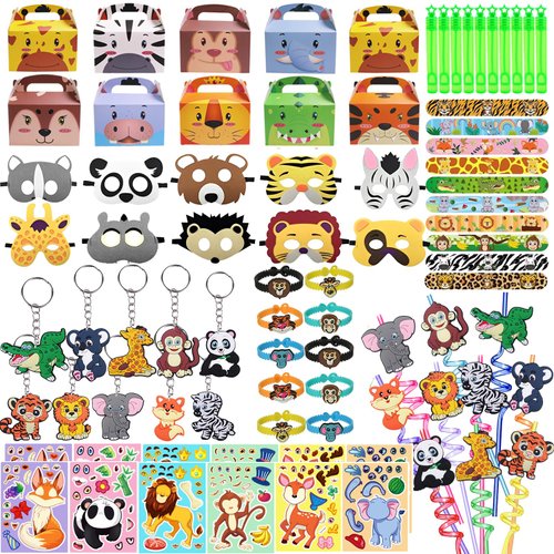 DOEA 122 PCS Jungle Safari Party Favors Set for Kids,Wild Animals Theme Party favors Birthday Gifts Masks Keychains Gift Boxs Goodie Bag Fillers Jungle Safari Party Supplies for Kids
