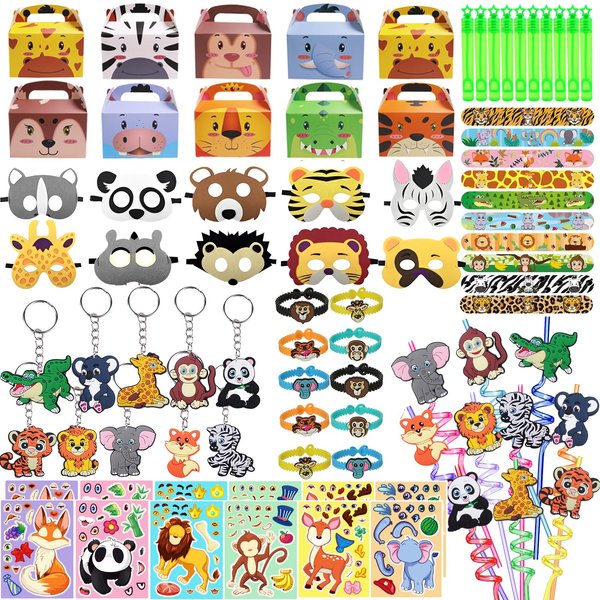 DOEA 122 PCS Jungle Safari Party Favors Set for Kids,Wild Animals Theme Party favors Birthday Gifts Masks Keychains Gift Boxs Goodie Bag Fillers Jungle Safari Party Supplies for Kids