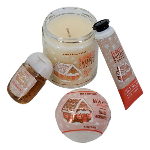Sugared Snickerdoodle Perfumed Gift Set, 7 oz Candle, 4.6 oz Bath Fizzy, 1 oz Hand Cream, 1 oz Hand Sanitizer