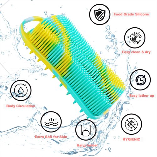 YEALIFE Silicone Body Scrubber, 2 in 1 Body Brush & Hair Scalp Brush for Shower and Bath, Easy Clean, Lathers Well, Stimulating Blood Circulation More Hygienic Than Loofah, Fit Women Men.Camo Green
