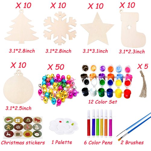 VLUSSO 50Pcs Unfinished Wooden Christmas Ornaments 5 Styles Christmas Tree Ornaments Decorations - DIY Arts and Crafts Christmas Crafts for Kids with 50 Colorful Bells 6 Color Pens 2 Color Paint Set