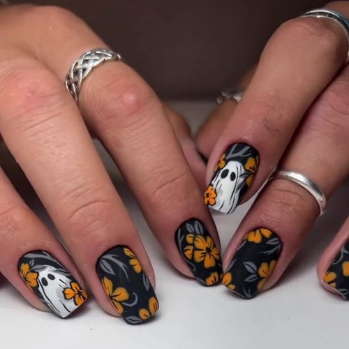 Halloween Press on Nails Short Square Black Halloween Fake Nails with Glue White Ghost and Yellow Flowers Design Halloween Nails Stick on Nails for Women 24pcs Black Halloween Short Press ons Nails