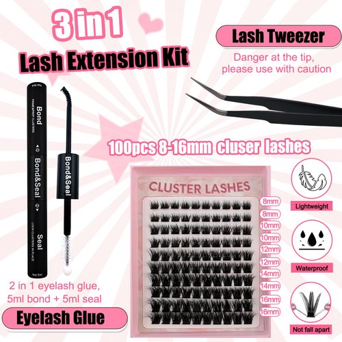 Fluffy Lash Clusters Kit 100pcs DIY Lash Extension Kit, Wispy Lash Clusters Kit Natural 8-16mm D Curl Eyelashes Extension Kit with Lash Bond and Seal and Lash Tweezers(100P-20Z-Kit)