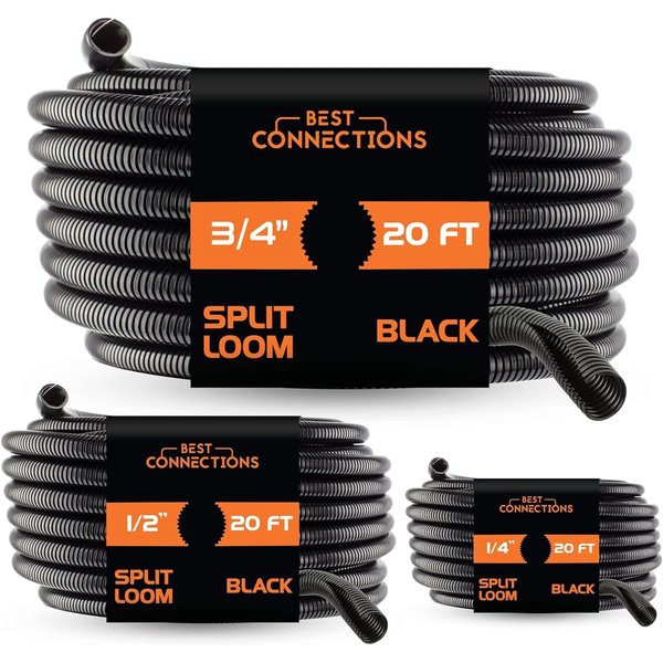 BEST CONNECTIONS (1/4" X 20 ft) (1/2" X 20 ft) (3/4" X 20 ft) Assorted Split Wire Loom Flex-Guard Convoluted Tubing – Protective Split Cable Sleeves/Conduit – Black