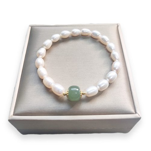 Green Jade Pearl Bracelet for Women, Natural Baroque Freshwater Pearls, 14K Gold Plated Beaded Stretch Bracelet, Lucky Jewelry Gift for Her
