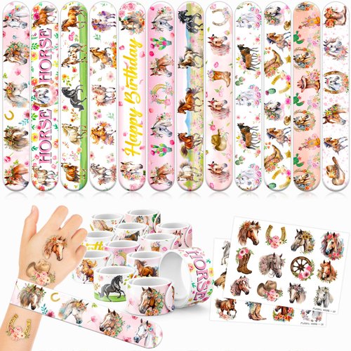 48 Floral Horse 24PCS Floral Horse Temporary Tattoos Sticker 24PCS Slap Bracelets Perfect for Themed Birthday Party Favors Baby Showers or Classroom Rewards Ideal Decor and Gifts for Girls and Boys