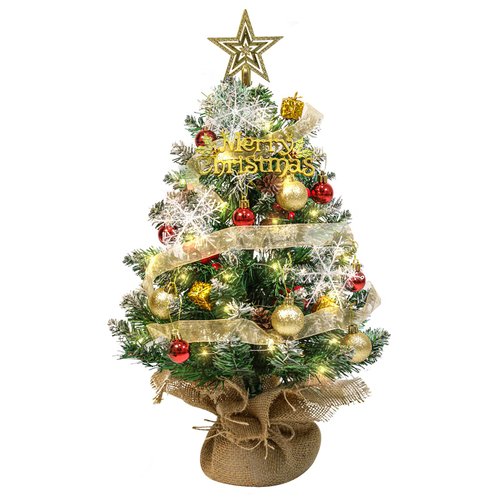 Tabletop Christmas Tree, 24 Inch Mini Artificial Christmas Tree with LED String Lights, Star Tree Topper, and Hanging Ornaments, Small Christmas Tree with Lights for Holiday DIY Christmas Decorations