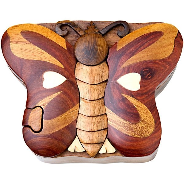 Butterfly - Natural Wood Intarsia Puzzle Box - Handcrafted with Secret Compartment
