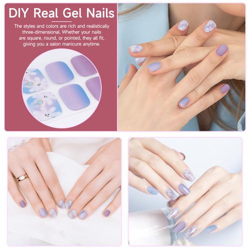 DUKASOU 28pcs Semi Cured Gel Nail Strips, Gel Nail Stickers Kit Work with Any UV Nail Lamps, Long Lasting Gel Nail Wraps for Girl Women, includes Prep Pads, Nail File & Wood Stick(Camellia Sea)