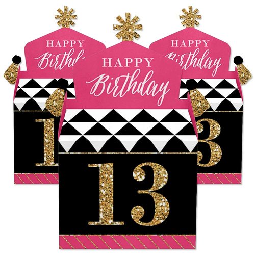 Big Dot of Happiness Chic 13th Birthday - Pink, Black and Gold - Treat Box Party Favors - Birthday Party Goodie Gable Boxes - Set of 12