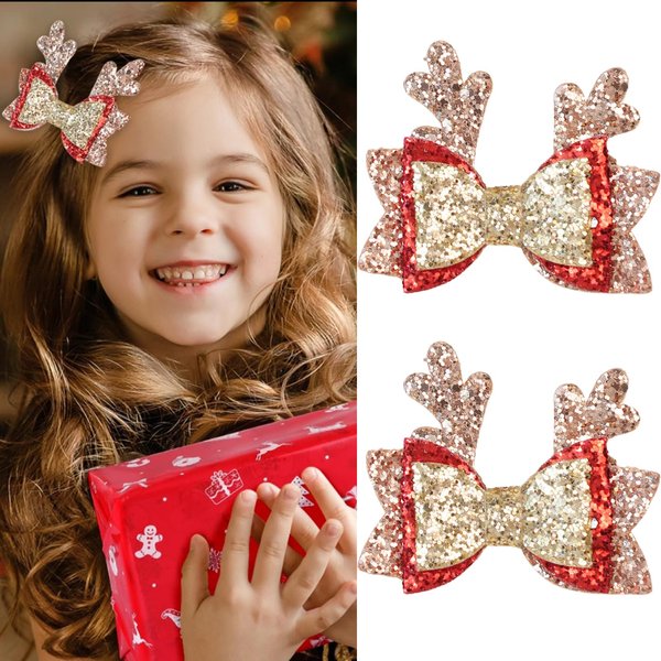 2PCS Christmas Hair Clips fot Kids and Girls Glitter Antlers Sequin Bow Hair Clip Red Reindeer Antlers Headdress Elk Ears Hair Pins Hair Accessories Gift For Baby Girls Xmas Hair Accessories