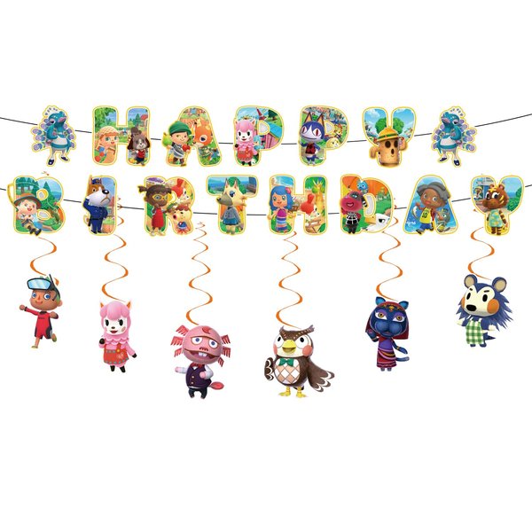 Animal-Crossing party supplies,12pcs Animal-Crossing Hanging Swirls and 1 Happy Birthday Banner for Animal-Crossing party decoration