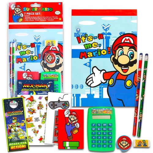 Mario Stationery Set for Kids, Boys, Girls - 10 Pc Bundle with Super Mario Notebook, Eraser, Calculator, Pencils, Stickers, and More | Mario School Supplies for Boys