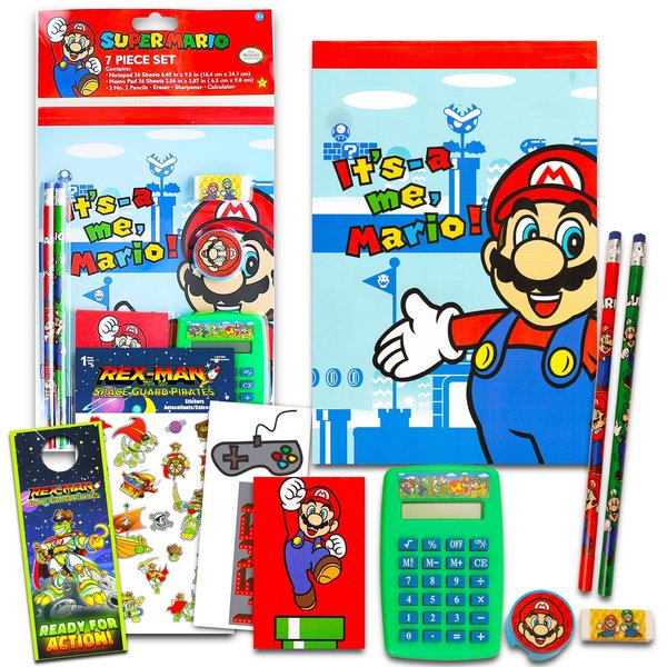 Mario Stationery Set for Kids, Boys, Girls - 10 Pc Bundle with Super Mario Notebook, Eraser, Calculator, Pencils, Stickers, and More | Mario School Supplies for Boys