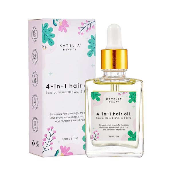 4-in-1 Katelia Beauty Multi-Purpose Hair Treatment: Nourishing Oil for Scalp, Hair, Brow & Beard - Promotes Growth, Strength & Vitality, Anti-Hair Loss, 30 ml
