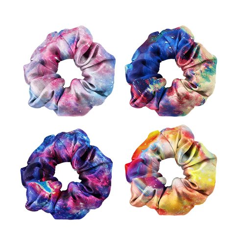 WIRESTER 4 Pcs Satin Hair Scrunchies, Silk Hair Ties, Soft Elastic Hair Bands Ponytail Holder, Silky Curly Hair Accessories for Women Girls - Space Galaxy Stars