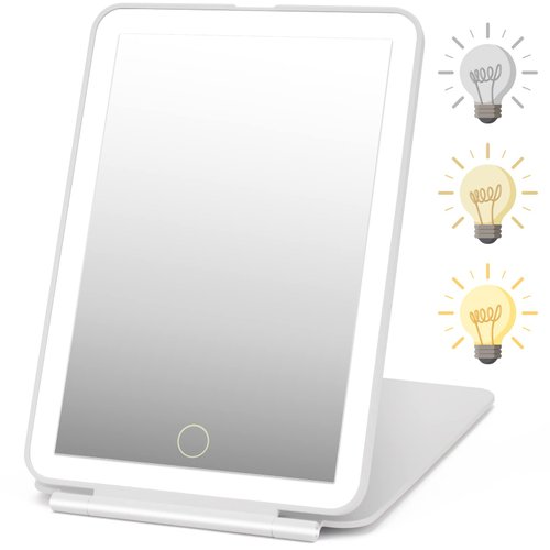 DenCert Rechargeable Travel Makeup Mirror 72 LED Lighted Makeup Mirror Travel Mirror Compact Slim LED Vanity Mirror with Lights Lighted Makeup Mirror with 3 Lighting Modes Dimmable Touch Screen (W1)