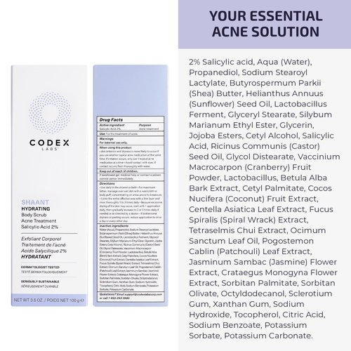 Codex Labs Shaant Hydrating Acne Body Scrub - Oil Control Exfoliator - For Acne Prone Skin, All Skin Types - With 2% Salicylic Acid, White Birch Bark - Cruelty-Free, Vegan Skincare (100g)
