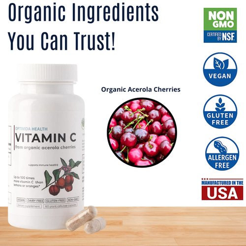 OPTIVIDA Vitamin C Plant-Based Complex: Natural Organic Acerola Cherry Extract - Vegan Supplement - Immune Support & Healthy Skin & Joints Antioxidant 60 Serv.
