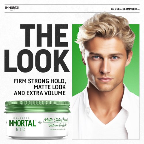 Immortal NYC Matte Styling Extreme Dry Look Pomade - 7 out of 9 Holding Ability, Matte Finish - All Natural Water-Based Hair Wax for Men - No Residue, All Hair Types