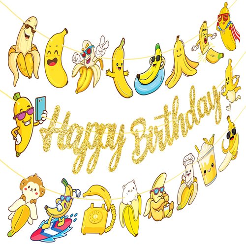 Banana Happy Birthday Banners 3PCS Banana Birthday Party Decorations Cartoon Banana Cutout Banners Lets Go Banana Birthday Party Supplies for Fruit Theme Baby Shower Decor